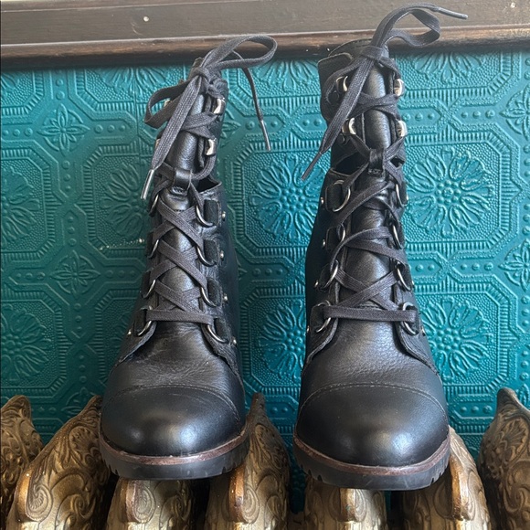 Black Leather Sorel and Wood Wedged Lace up Booties - Picture 2 of 6